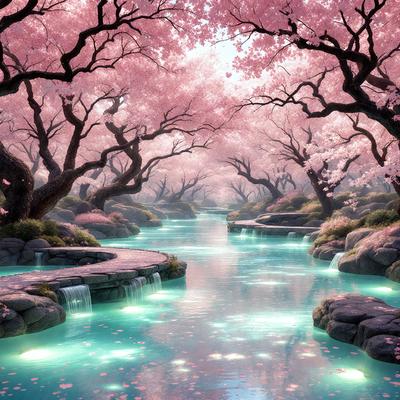 The primary subject of the image is a beautiful waterfall surrounded by a forest of trees. The waterfall is located in a serene environment, with the water flowing through the trees and creating a picturesque scene. The visual style of the image is a digital art, which adds to the overall atmosphere of the scene. The dominant colors in the image are pink and blue, which create a sense of tranquility and harmony with nature.